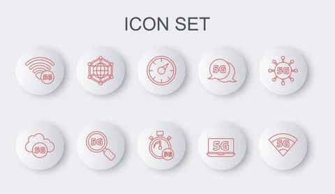 Set line 5G network, Cloud, Digital speed meter, Laptop with, Social, Searc.. Illustrazione stock