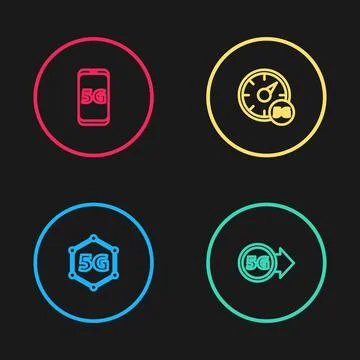 Set line 5G network, , Digital speed meter and Mobile with icon. Vector イラスト素材