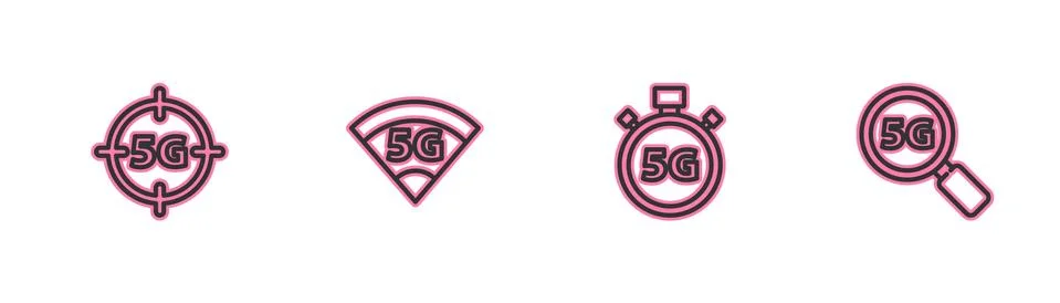 Set line 5G network, Digital speed meter, and Search icon. Vector Illustrazione stock