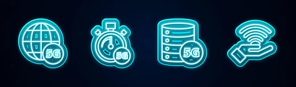 Set line 5G network, Digital speed meter, Server and . Glowing neon icon. Vector Stock Illustration