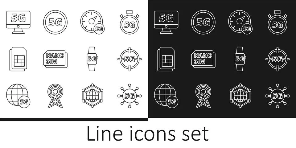 Set line 5G network, Digital speed meter, Nano Sim Card, card, Monitor with Stock Illustration
