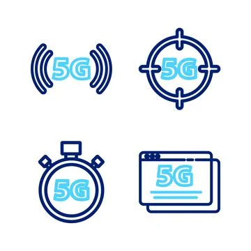 Set line 5G network, Digital speed meter,  and  icon. Vector Illustrazione stock