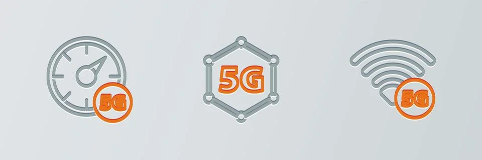 Set line 5G network, Digital speed meter and icon. Vector Stock Illustration
