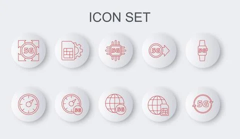 Set line 5G network, Digital speed meter, Processor, Globe Sim Card, card Stock Illustration