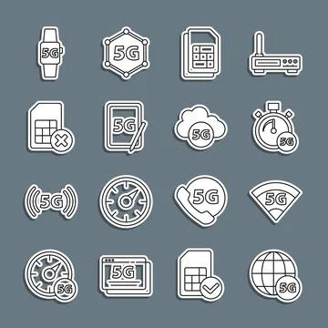 Set line 5G network, Digital speed meter, Sim card, Graphic tablet with, re.. Stock Illustration