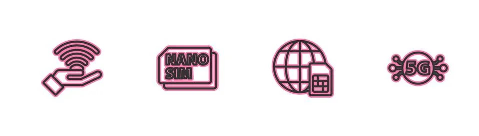 Set line 5G network, Globe Sim Card, Nano and icon. Vector Stock Illustration