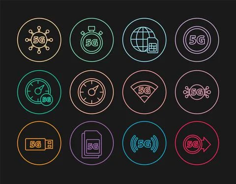 Set line 5G network, Globe Sim Card, Digital speed meter, and icon. Vector 스톡 일러스트