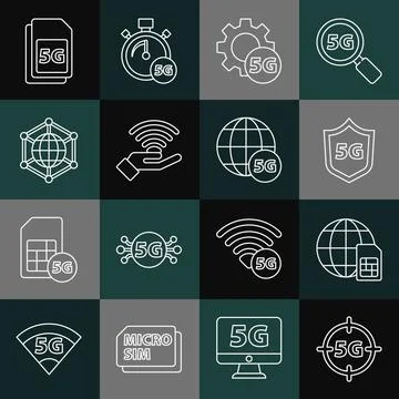 Set line 5G network, Globe Sim Card, Protective shield, Setting, Social,  and Stock Illustration