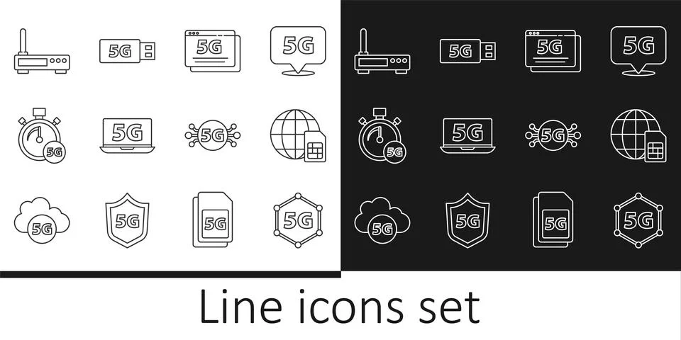 Set line 5G network, Globe Sim Card, Laptop with, Digital speed meter, Router Stock Illustration