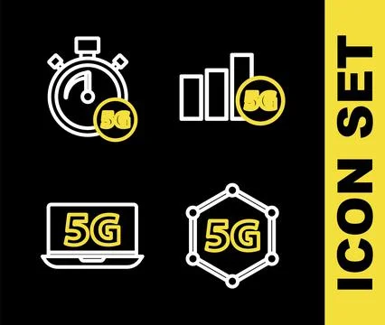 Set line 5G network, Laptop with and Digital speed meter icon. Vector Stock Illustration