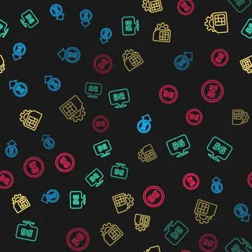 Set line 5G network, Location, Sim card setting and on seamless pattern. Vector 스톡 일러스트