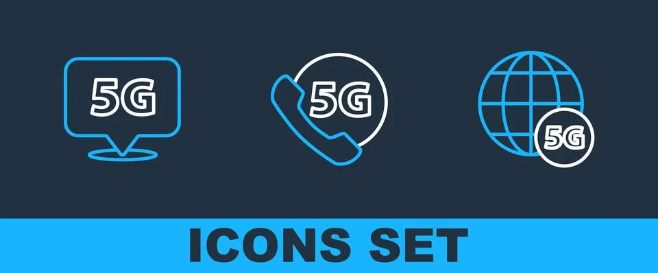Set line 5G network, Location and Phone with icon. Vector Stock Illustration