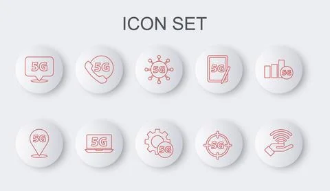 Set line 5G network, Location, Phone with, Laptop and Setting icon. Vector Stock Illustration