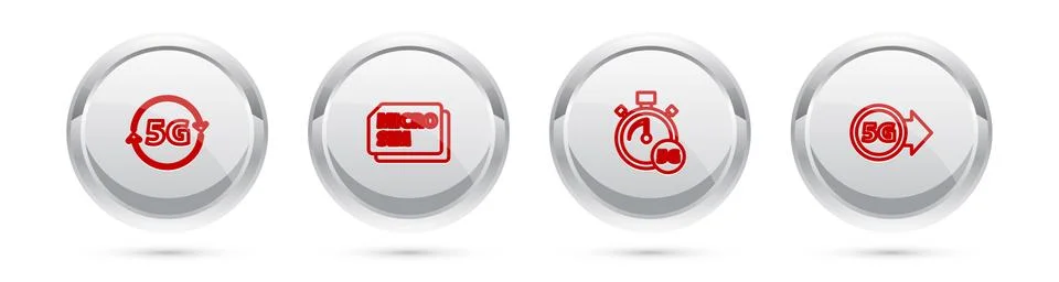 Set line 5G network, Micro Sim Card, Digital speed meter and . Silver circle Stock Illustration