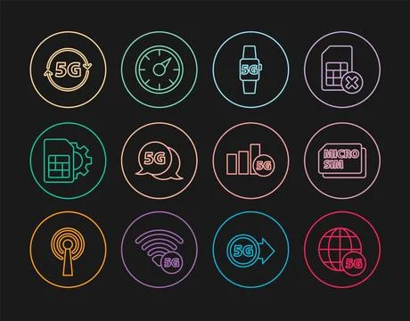 Set line 5G network, Micro Sim Card, Smart watch, card setting, and Digital Stock Illustration