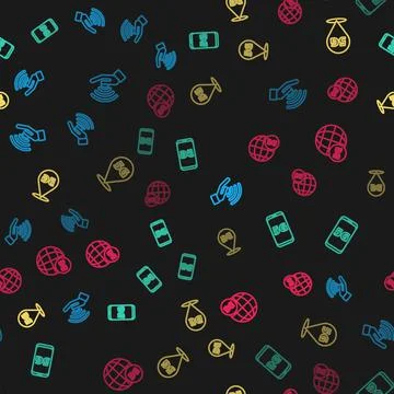 Set line 5G network, Mobile with, Location and  on seamless pattern. Vector Stock Illustration