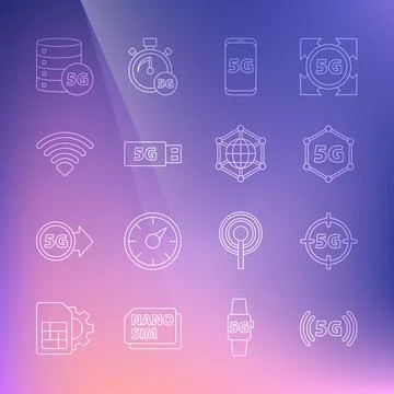 Set line 5G network, Mobile with, modem, Wi-Fi wireless, Server and Social icon Stock Illustration