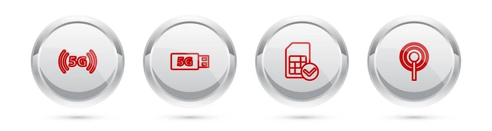 Set line 5G network, modem, Sim card and Antenna. Silver circle button. Vector Stock Illustration