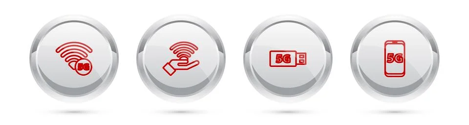 Set line 5G network, , modem and Mobile with. Silver circle button. Vector Stock Illustration