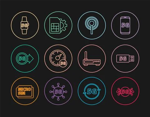 Set line 5G network, modem, Antenna, Digital speed meter, Smart watch, Router Stock Illustration