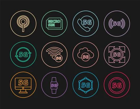 Set line 5G network, Phone with, Antenna, Cloud and Micro Sim Card icon. Vector Stock Illustration
