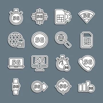 Set line 5G network, Phone with, Sim card, setting, Globe Card, Digital spe.. Stock Illustration
