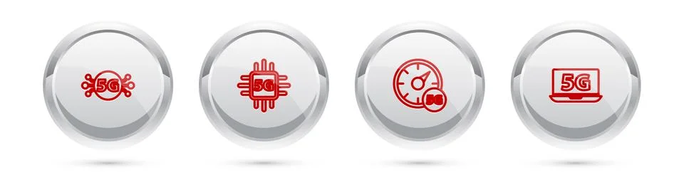 Set line 5G network, Processor, Digital speed meter and Laptop with. Silver Stock Illustration