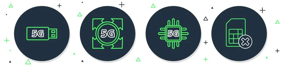 Set line 5G network, Processor, modem and Sim card rejected icon. Vector Stock Illustration