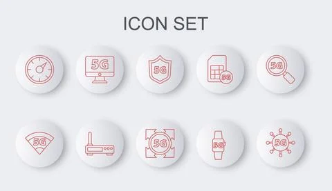 Set line 5G network, Protective shield, Smart watch, Digital speed meter Stock Illustration