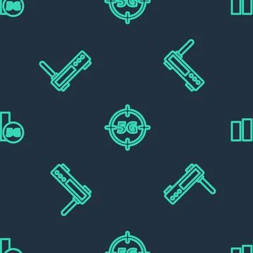 Set line 5G network, Router and wi-fi signal and on seamless pattern. Vector Stock Illustration