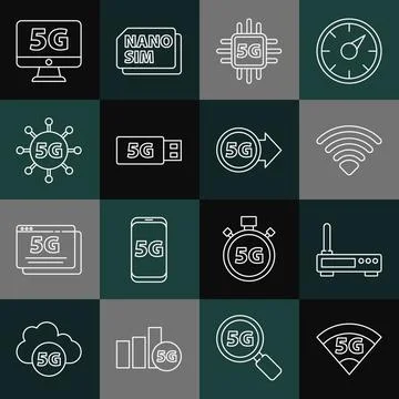 Set line 5G network, Router and wi-fi signal, Wi-Fi wireless, Processor, modem Stock Illustration