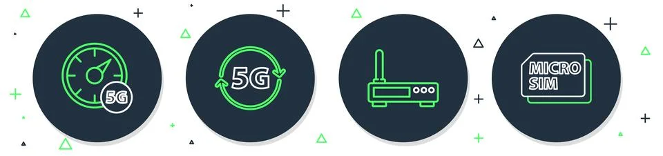 Set line 5G network, Router and wi-fi signal, Digital speed meter and Micro Sim Stock Illustration