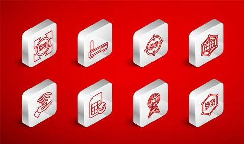 Set line 5G network, Router and wi-fi signal, Social, Antenna, Sim card and.. Stock Illustration