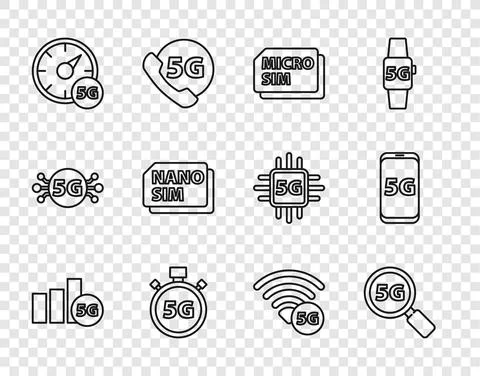 Set line 5G network, Search, Micro Sim Card, Digital speed meter, Nano, and Stock Illustration