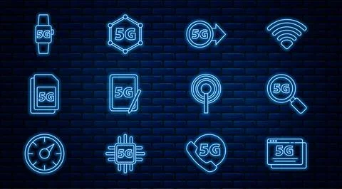 Set line 5G network, Search, Graphic tablet with, Sim Card, Smart watch, An.. Stock Illustration