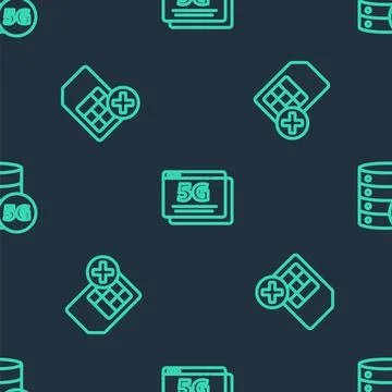 Set line 5G network, Sim card rejected and Server on seamless pattern. Vector 스톡 일러스트