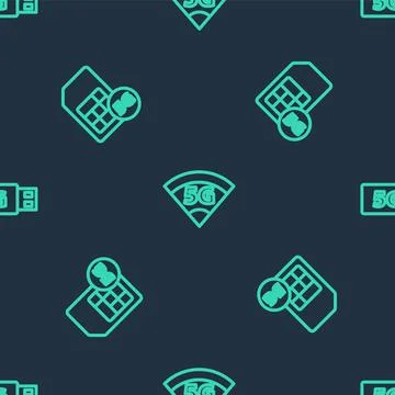 Set line 5G network, Sim Card and modem on seamless pattern. Vector 스톡 일러스트