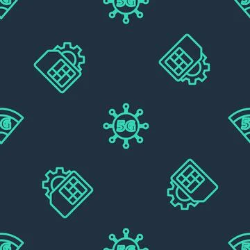 Set line 5G network, Sim card setting and on seamless pattern. Vector Stock Illustration