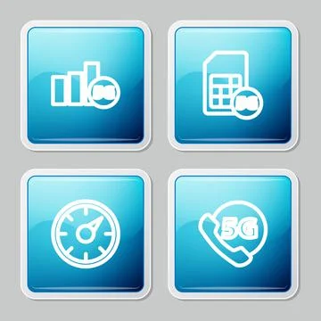 Set line 5G network, Sim Card, Digital speed meter and Phone with icon. Vector Stock Illustration