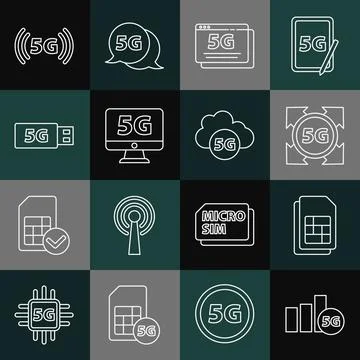 Set line 5G network, Sim card, Monitor with, modem, and Cloud icon. Vector Stockillustratie
