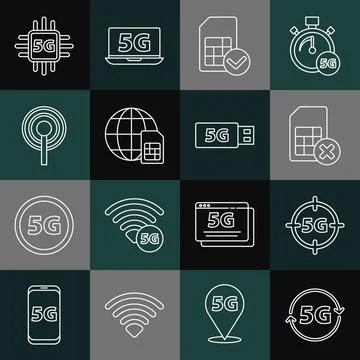 Set line 5G network, Sim card rejected, Globe Card, Antenna, Processor and modem Stock Illustration