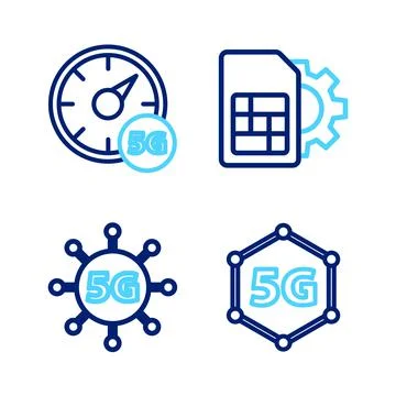 Set line 5G network, Sim card setting and Digital speed meter icon. Vector Illustrazione stock