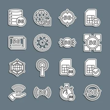 Set line 5G network, Sim card, Digital speed meter, Server and  icon. Vector 스톡 일러스트
