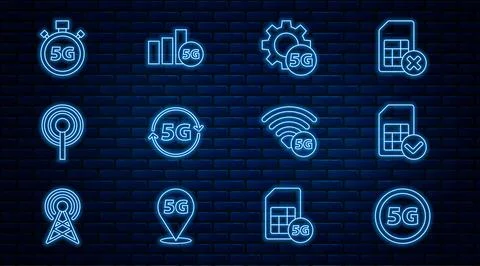 Set line 5G network, Sim card, Setting, Antenna, Digital speed meter,  and .. Иллюстрация