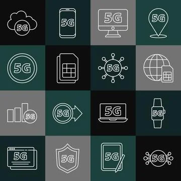 Set line 5G network, Smart watch, Globe Sim Card, Monitor with, card, Cloud and Stock Illustration