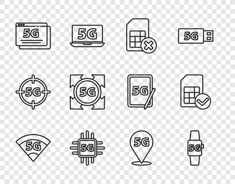 Set line 5G network, Smart watch, Sim card rejected, Processor, Location and Illustrazione stock