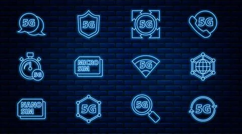 Set line 5G network, Social, Micro Sim Card, Digital speed meter, and Protective Stock Illustration