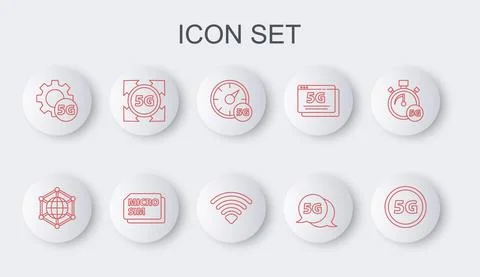 Set line 5G network, Social, Digital speed meter, Setting, Micro Sim Card and Wi Stock Illustration