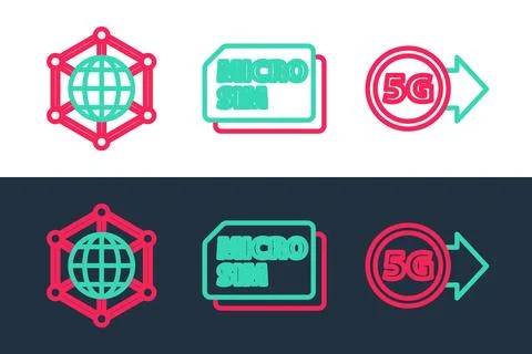 Set line 5G network, Social and Micro Sim Card icon. Vector 스톡 일러스트