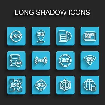 Set line 5G network, Social, Globe Sim Card, and icon. Vector Illustrazione stock